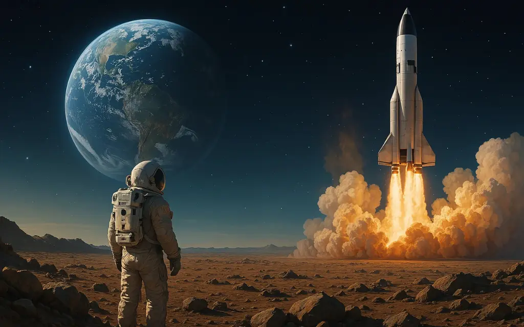 astronaut watching rocket take off