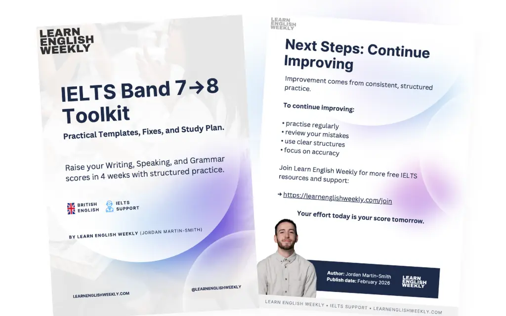 Two-page flyer for IELTS Band 7 to 8 Toolkit by Learn English Weekly, highlighting structured practice tips, templates, and study plans to improve writing, speaking, and grammar within 4 weeks.