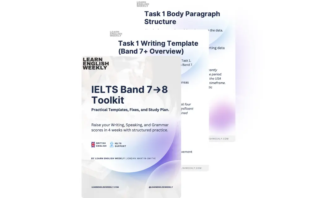 IELTS Band 7 to 8 Toolkit by Learn English Weekly, promoting writing, speaking, and grammar practice templates and study plans.